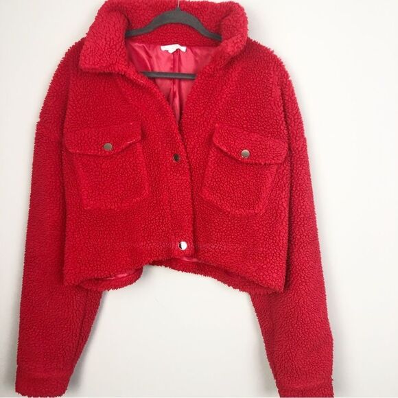 M.N.I LOS ANGELES | Red Crop Snap Front Teddy Fleece Jacket Women’s Plus Size 1X - Picture 1 of 8
